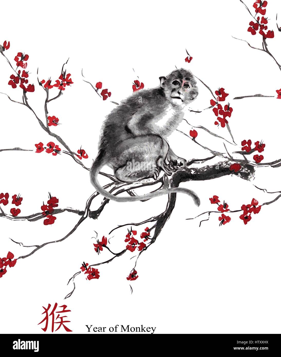 Carte de vœux vecteur année de singe. Un singe assis sur une branche de fleur de cerisier, la peinture d'encre d'orient. Avec 'Monkey' hiéroglyphe chinois Illustration de Vecteur