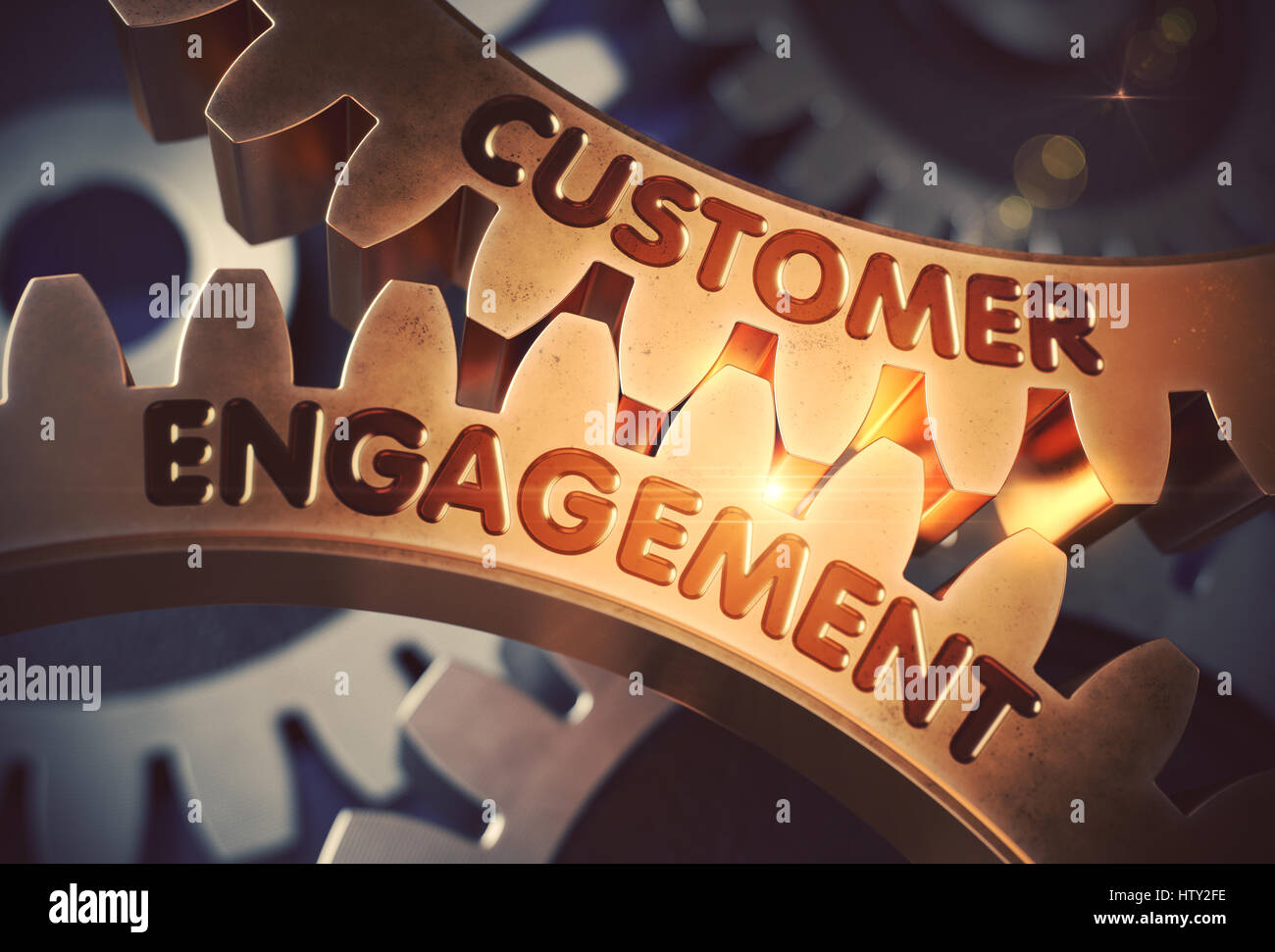 L'engagement des clients sur les pignons d'or Cog. 3D Illustration. Banque D'Images