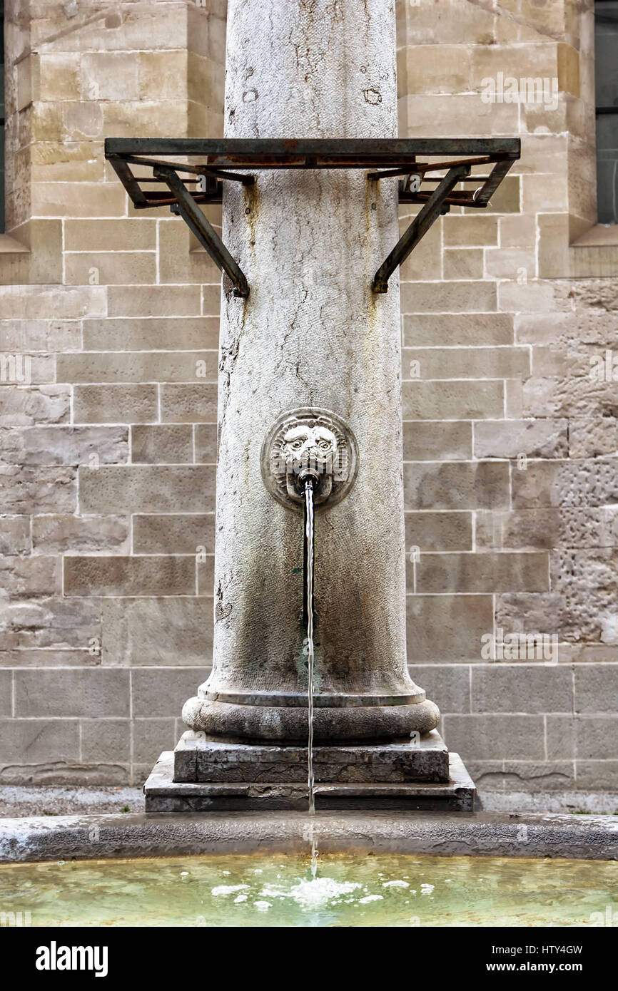 Fontaine sur une colonne en pierre. Face Lion robinet. Banque D'Images