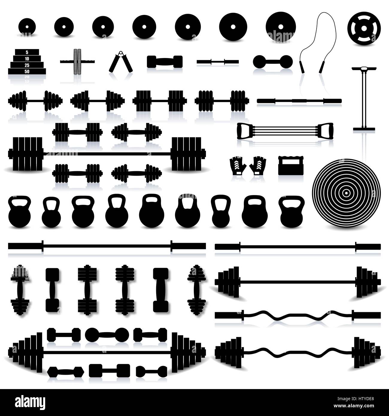 Grand ensemble de divers appareils de sport pour la gym et fitness avec un miroir reflet et l'ombre, vector illustration. Illustration de Vecteur