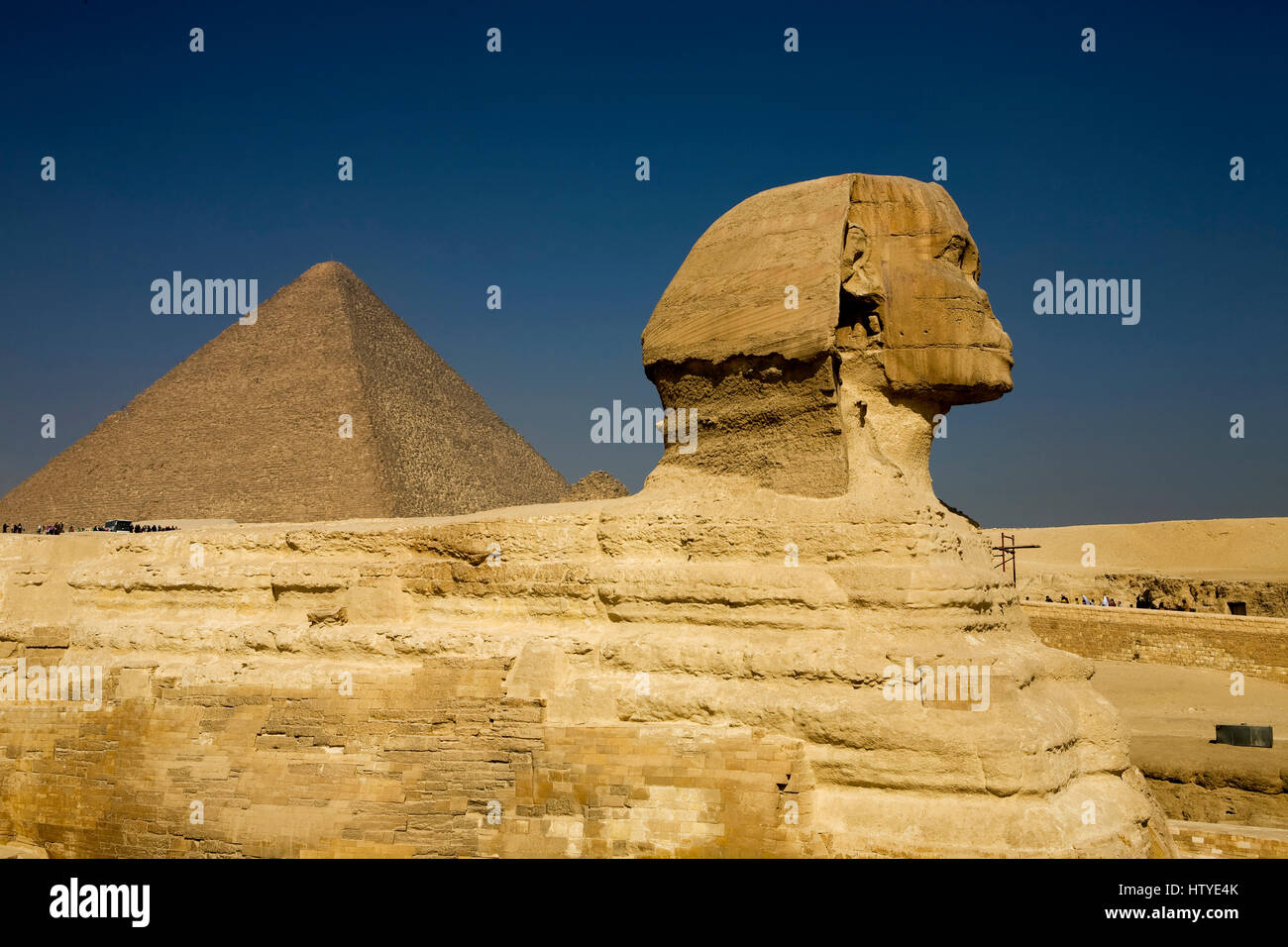 Le grand Sphinx de Gizeh en face de la pyramide de Khafré, l'Égypte. Banque D'Images