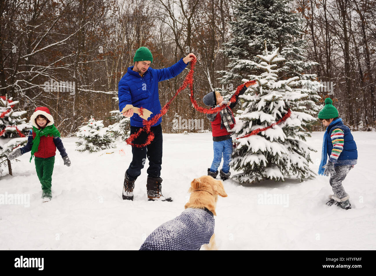 Père et trois enfants décorer un arbre de Noël dans le jardin avec golden retriever dog watching Banque D'Images