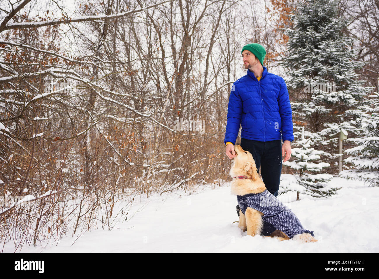 L'homme de caresser golden retriever dog en extérieur dans la neige Banque D'Images