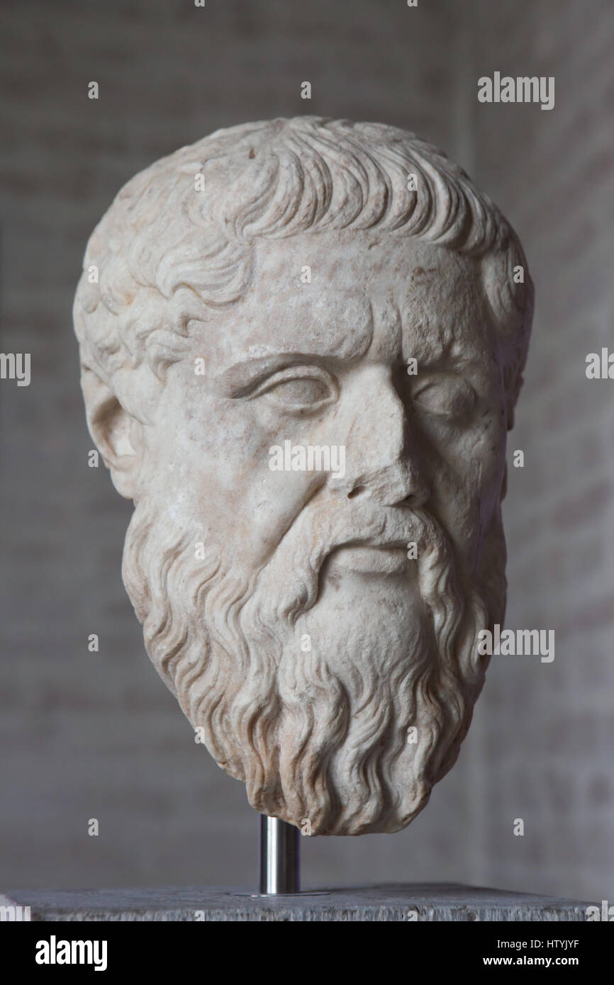 Platon philosophe grec classique (427-348 avant J.-C.). Copie romaine d'après un original grec par Silanion une statue d'environ 340 av. J.-C. sur l'affichage dans le Musée Glyptothèque de Munich, Bavière, Allemagne. Banque D'Images