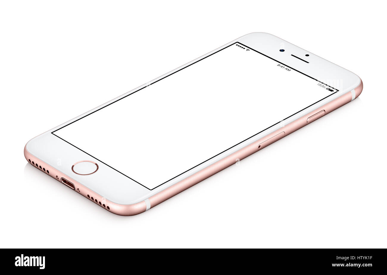 Téléphone mobile rose mock-up dans le sens horaire en rotation se trouve sur la surface avec écran blanc isolé sur fond blanc. Banque D'Images