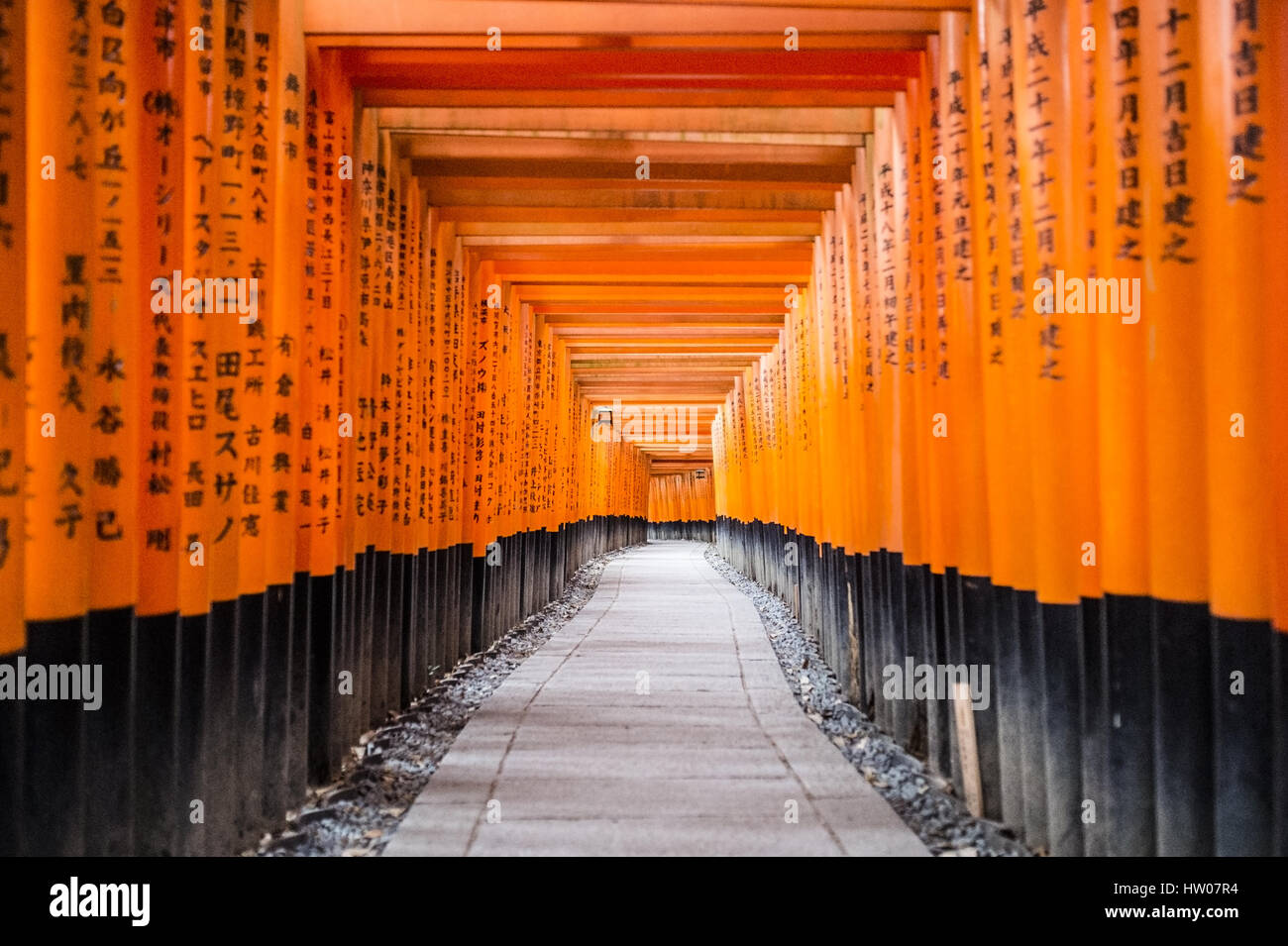 KYOTO, JAPON -31 DÉCEMBRE 2016- Le sanctuaire Fushimi Inari Taisha, situé à la base de la montagne d'Inari, comprend des lignes tori rouge portes avec colum Banque D'Images