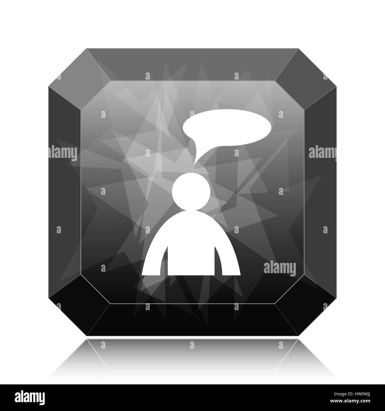 Commentaires icône, bouton site web noir sur fond blanc. - Homme avec bulle Banque D'Images