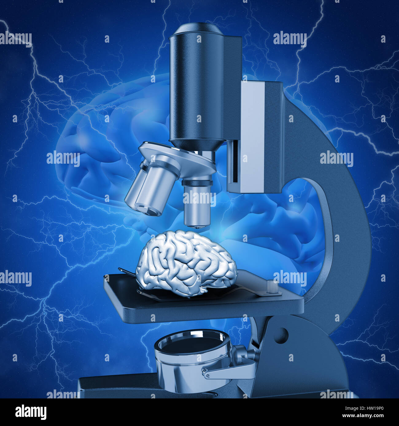 L'image médicale 3D avec cerveau sous microscope illustrant la recherche d'Alzheimer Banque D'Images