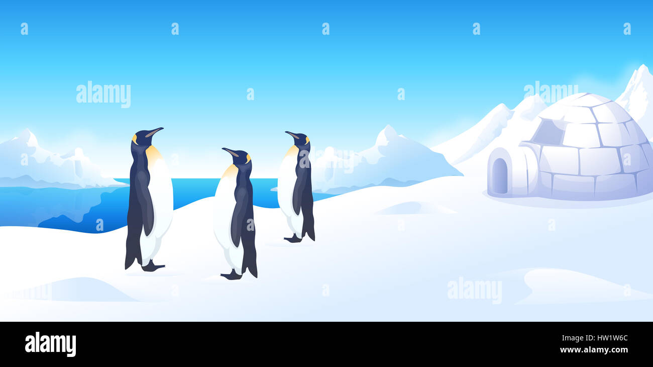 Extérieur du bâtiment,bâtiment,couleur,clipart,couleur,image,couleur,infographie,jour,portant sur l'image générée numériquement,oiseau,horizontal,graphiques,iceberg,igloo,illustration,lac,personne,en plein air,penguin,climat polaire,réflexion,neige,saison,trois,Animaux,Animaux,l'eau d'hiver Banque D'Images