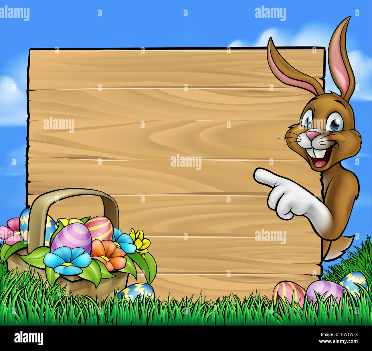 Arrière-plan de dessin animé lapin de Pâques peeking autour d'un panneau en bois et en pointant avec un panier d'oeufs de Pâques au chocolat panier Banque D'Images