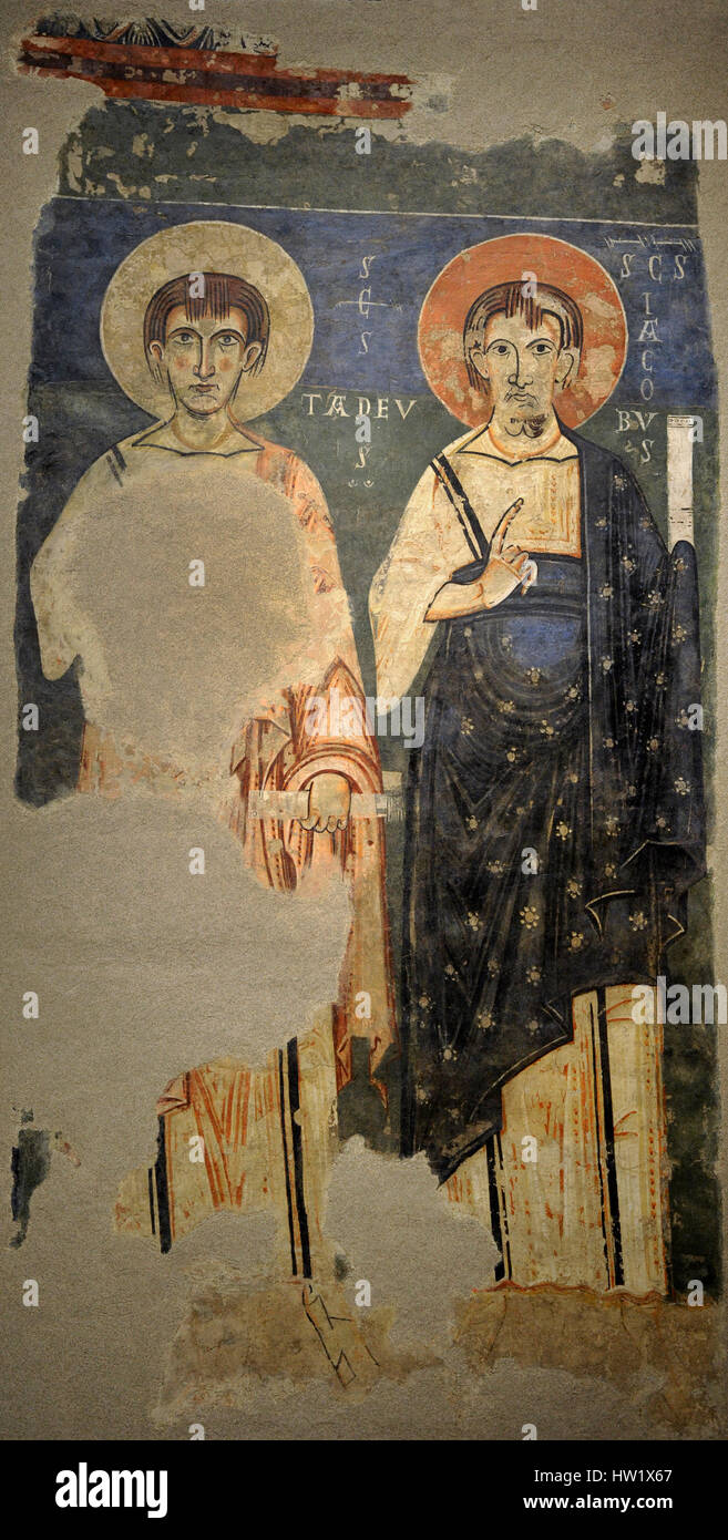 Apôtres Thaddée et James, fin 11ème siècle - début 12ème siècle. Cercle de maître de Pedret. Fresque transférée à toile. À partir de l'abside centrale de l'église de Sant Pere de Ager (Noguera comarca). Musée national d'Art de Catalogne. Barcelone. La Catalogne. L'Espagne. Banque D'Images Apôtres Thaddée et James, fin 11ème siècle - début 12ème siècle. Cercle de maître de Pedret. Fresque transférée à toile. À partir de l'abside centrale de l'église de Sant Pere de Ager (Noguera comarca). Musée national d'Art de Catalogne. Barcelone. La Catalogne. L'Espagne. Banque D'Images