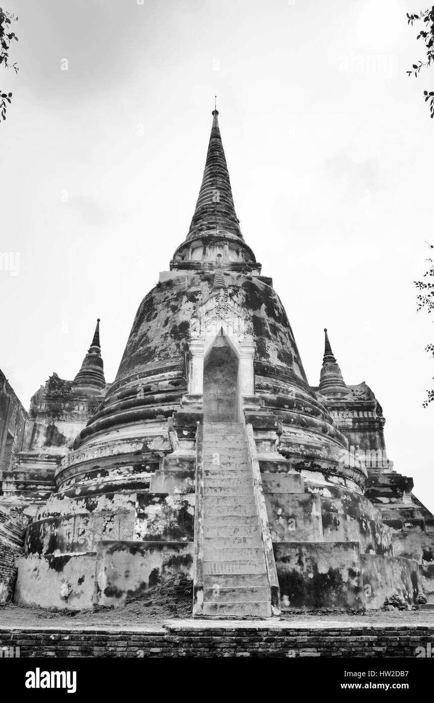 Ruines de l'antique ville Ayutthaya en Thaïlande noir et blanc Banque D'Images