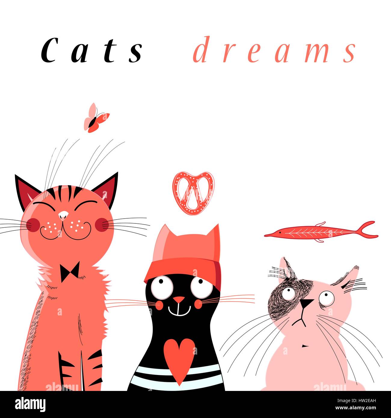 Des graphiques cute dream cats sur fond blanc Illustration de Vecteur