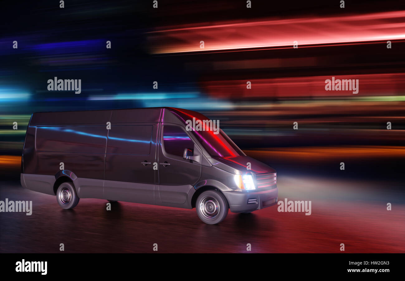 Van noir on City Street avec néons flou de mouvement 3D Illustration Concept Banque D'Images