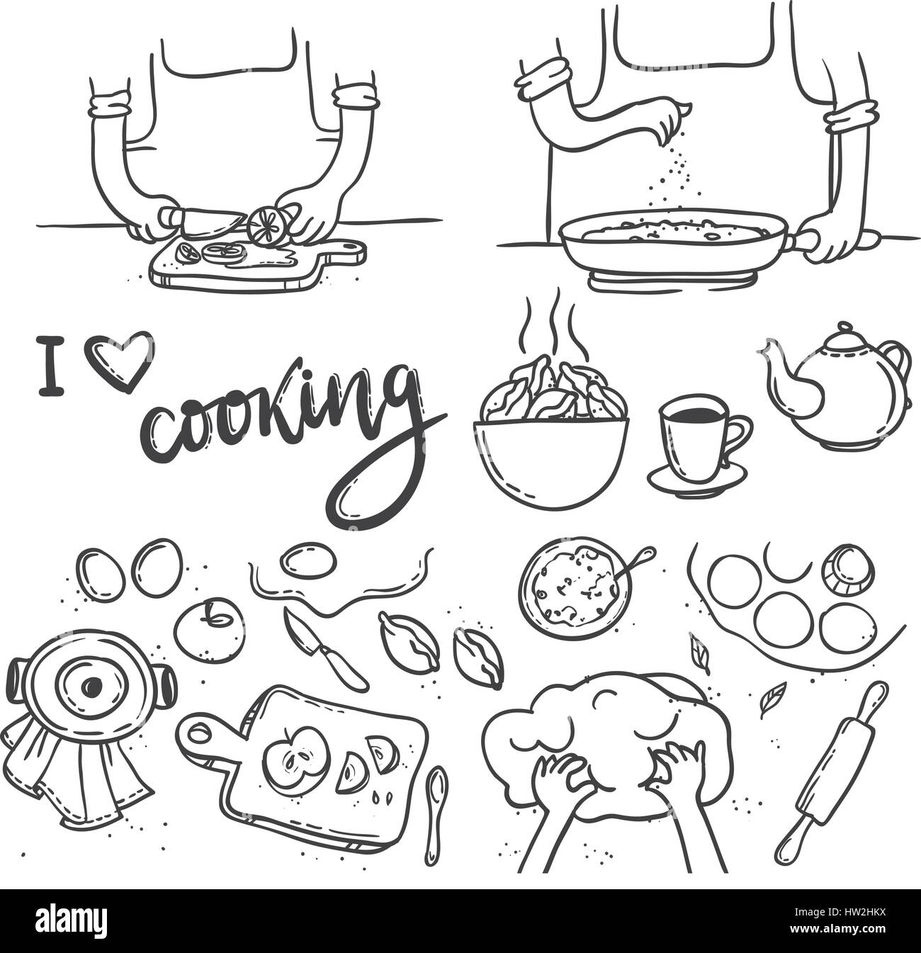 Lettrage cuisine J'adore la cuisine. Hand drawn doodle Set de cuisson des aliments Illustration de Vecteur