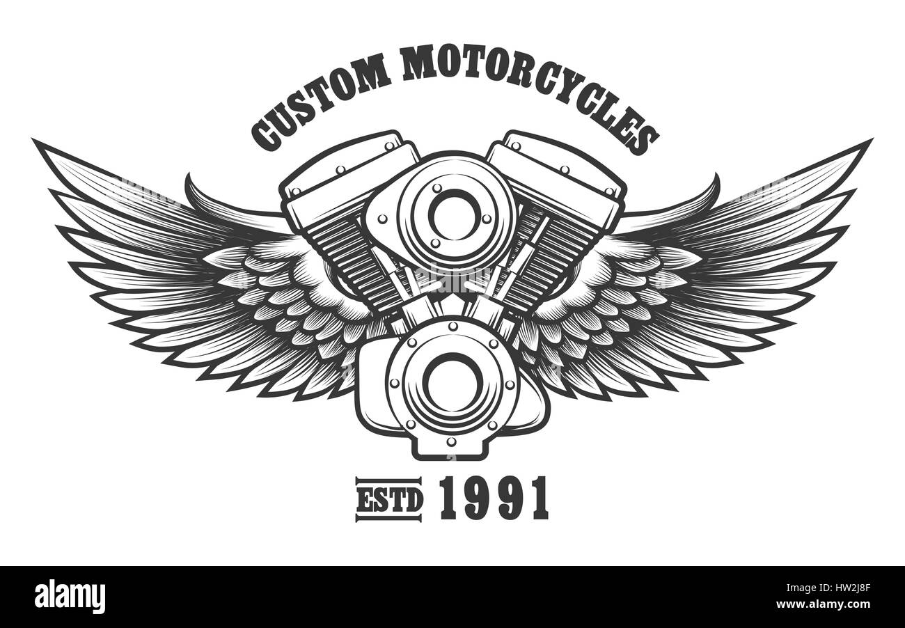 Moteur de moto et des ailes dans le style de tatouage personnalisé avec le  libellé de l'atelier moto. Emblème, symbole, élément de design de  l'atelier. Vector illustration Image Vectorielle Stock - Alamy