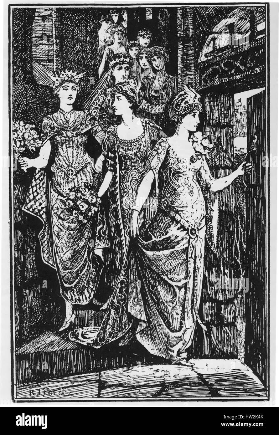 Les Douze Dancing Princesses. Conte recueilli par les frères Grimm. Illustration par H.J.Ford à partir d'un livre de 1890 leur montrant en descendant l'escalier secret. Banque D'Images