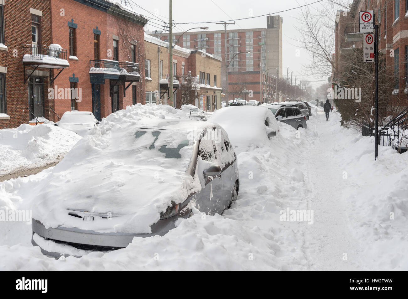 Montréal, Canada - 16 mars 2017 : voitures couvertes de neige après Stella tempête de neige. Banque D'Images