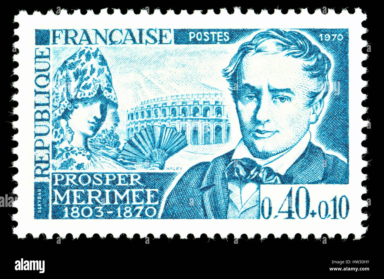 Timbre-poste français (1970) : Prosper Mérimée (1803 - 1870), dramaturge français, historien, archéologue, et nouvelliste. Auteur de Carmen, la Banque D'Images