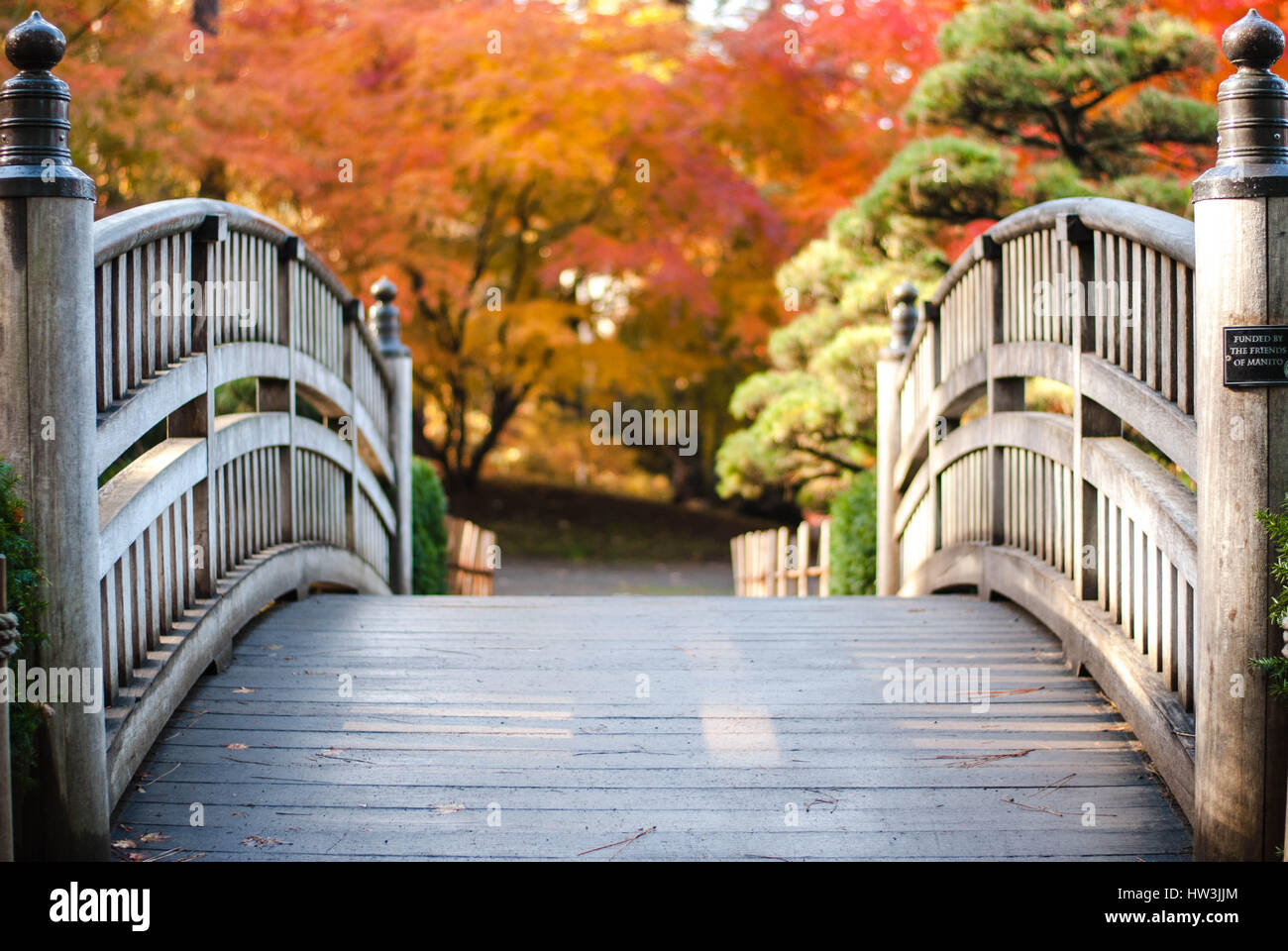 Pont en bois cintrées de couleurs orange et jaune des feuilles couleur d'automne sur les arbres en arrière-plan. Banque D'Images