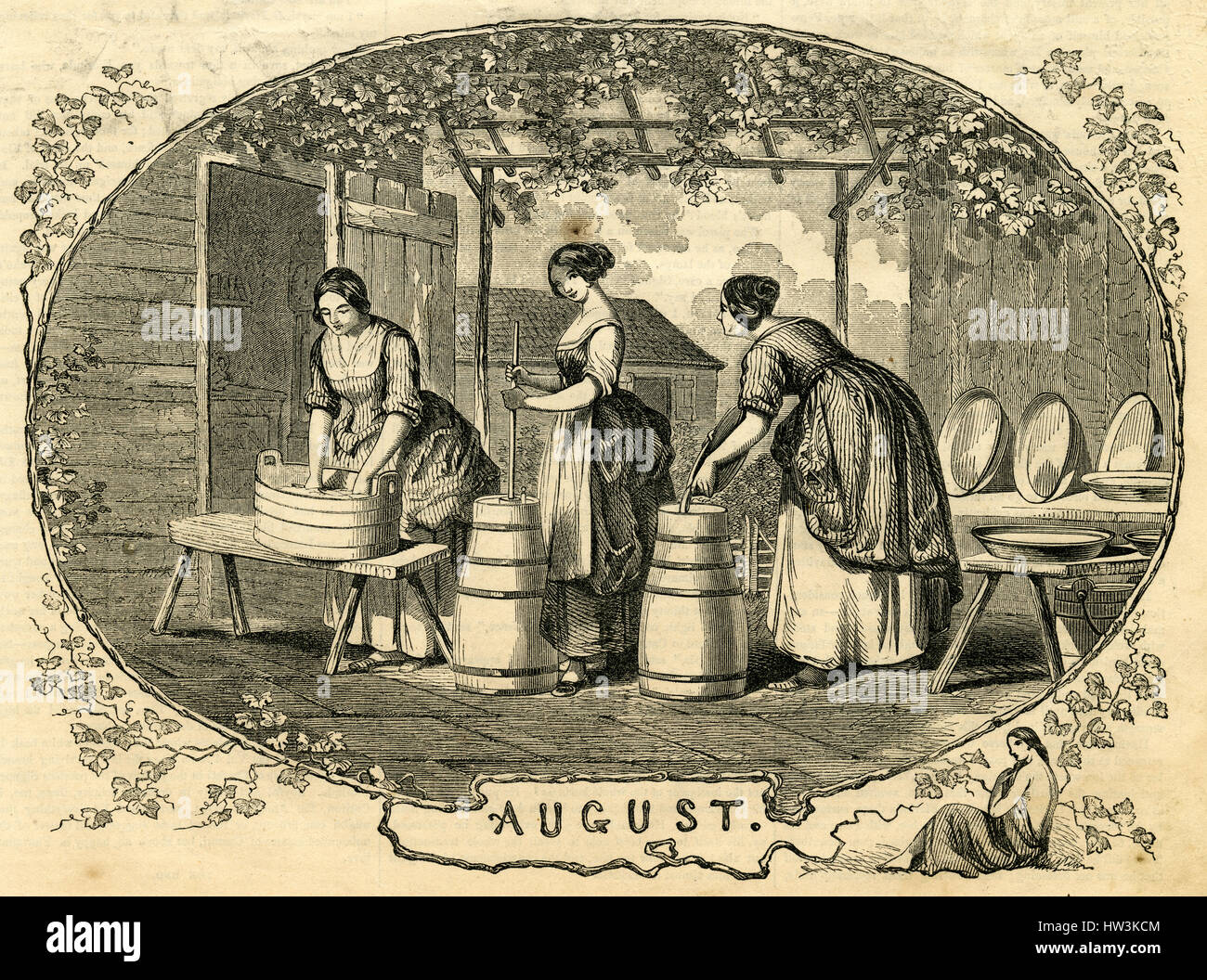 1854, gravure ancienne femme de produits laitiers Beurre de barattage. SOURCE : gravure originale. Banque D'Images