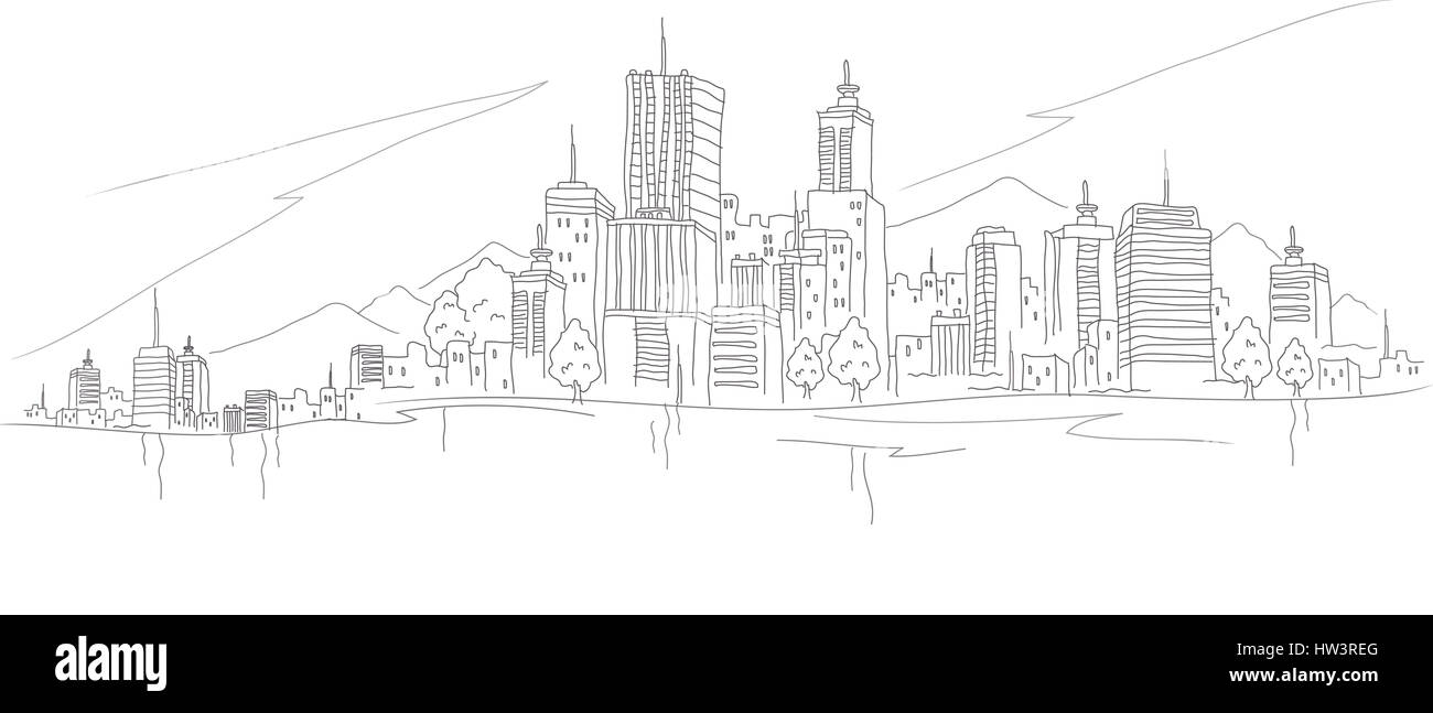 Noir et blanc,architecture,Black,blanc,d'extérieur de bâtiment bâtiment structure,ville,ville,infographie,clipart,jour,image,création numérique,graphiques,illustration,horizontal,montagne,montagne,multi-étages, personne n,en plein air,ciel,rivière,voyage,gratte-ciel Banque D'Images