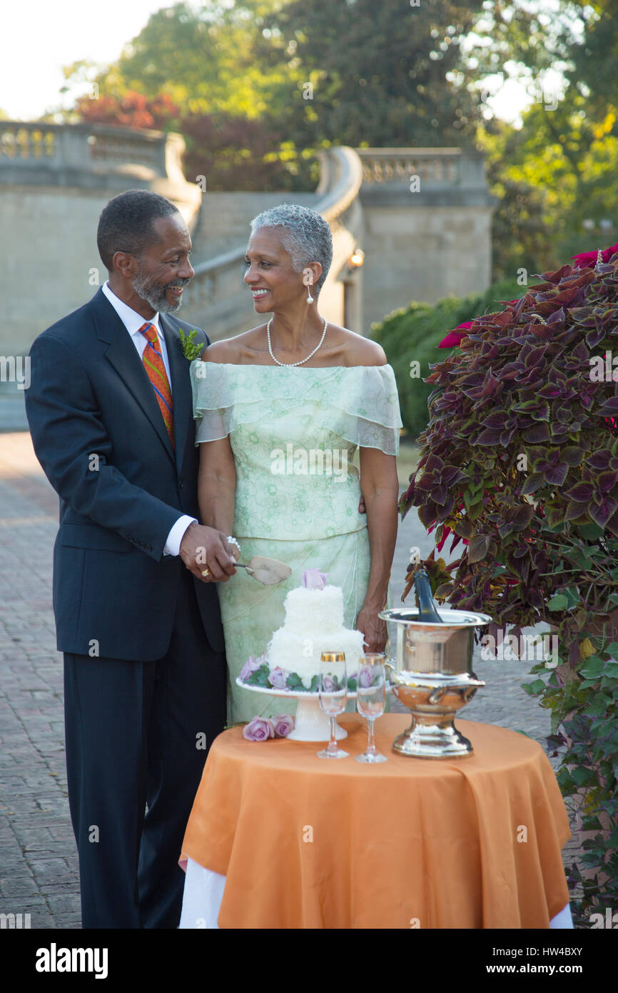 Black couple cutting wedding cake Banque D'Images