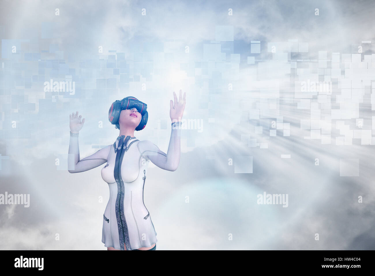 Femme à l'aide de la réalité virtuelle en casque ciel pixélisé Banque D'Images