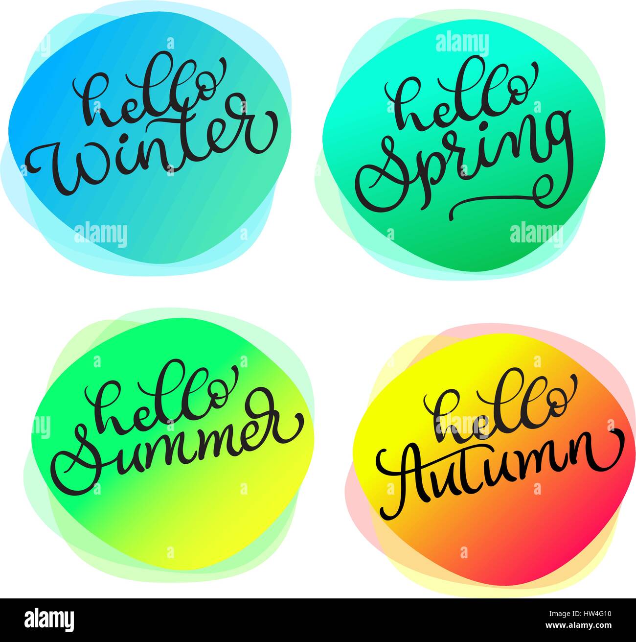 Ensemble de cartes de souhaits pour toutes les saisons printemps été automne hiver Bonjour. Cartes avec aquarelle texture ronde Illustration de Vecteur