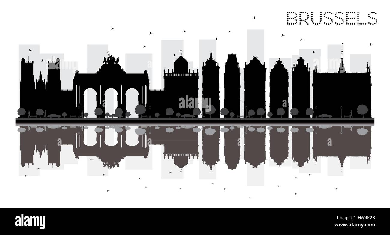 Bruxelles ville skyline silhouette noir et blanc avec reflets. vector illustration. simple télévision concept pour tourisme présentation, bannière, un placard Illustration de Vecteur