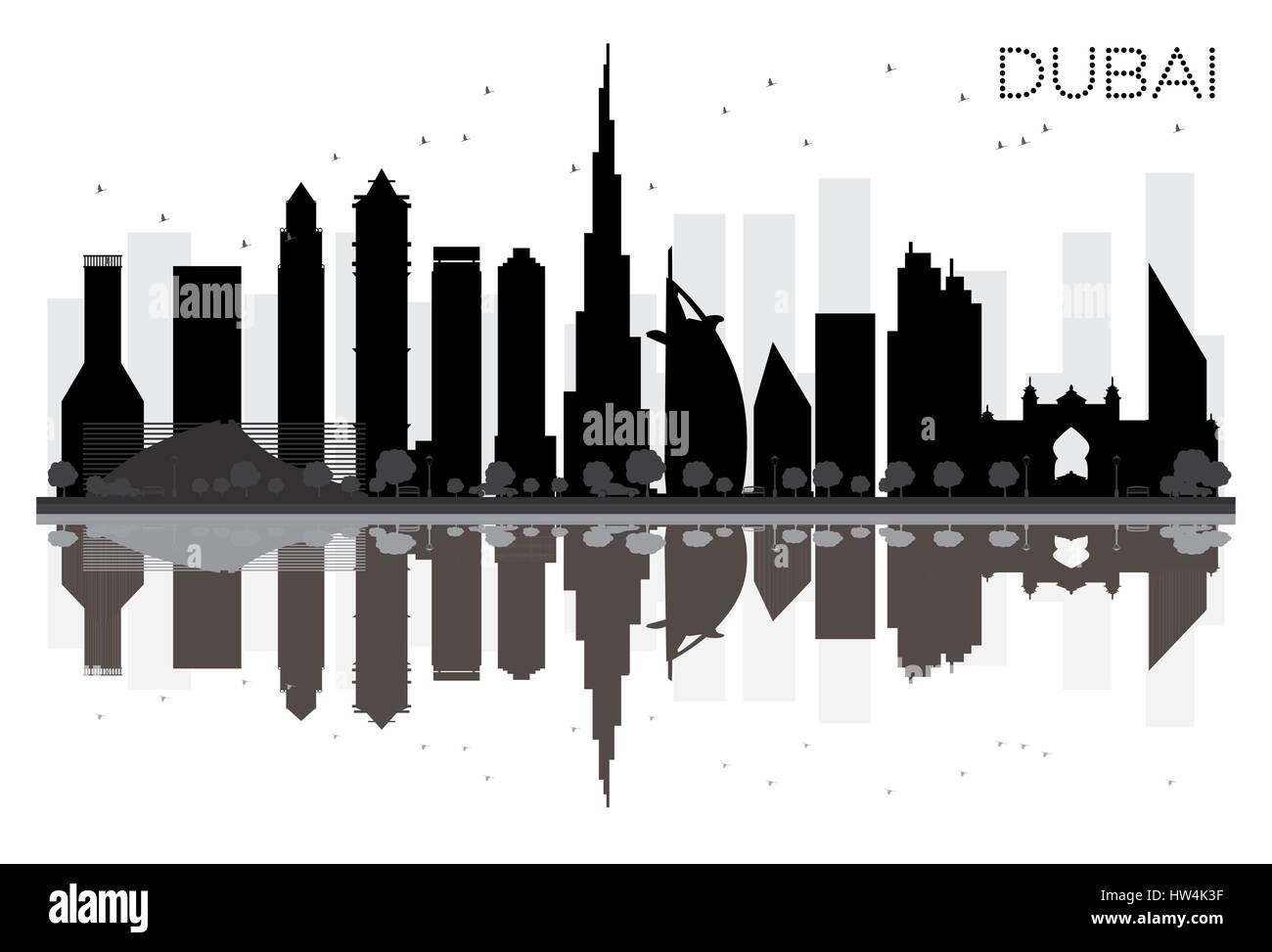 Dubai City skyline silhouette noir et blanc avec reflets. vector illustration. simple télévision concept pour tourisme présentation, bannière Illustration de Vecteur