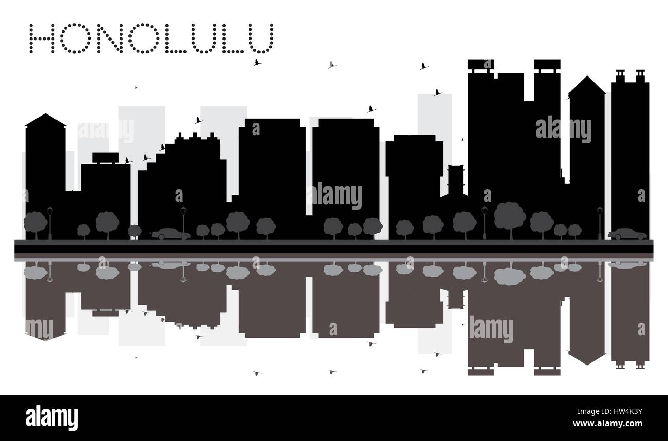 Honolulu city skyline silhouette noir et blanc avec reflets. vector illustration. simple télévision concept pour tourisme présentation, bannière, un placard Illustration de Vecteur