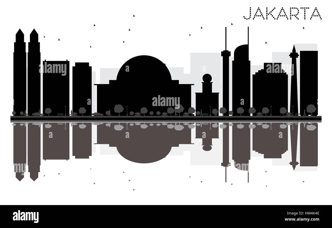 Jakarta ville silhouette noir et blanc avec reflets. vector illustration. simple télévision concept pour tourisme présentation, bannière, un placard o Illustration de Vecteur