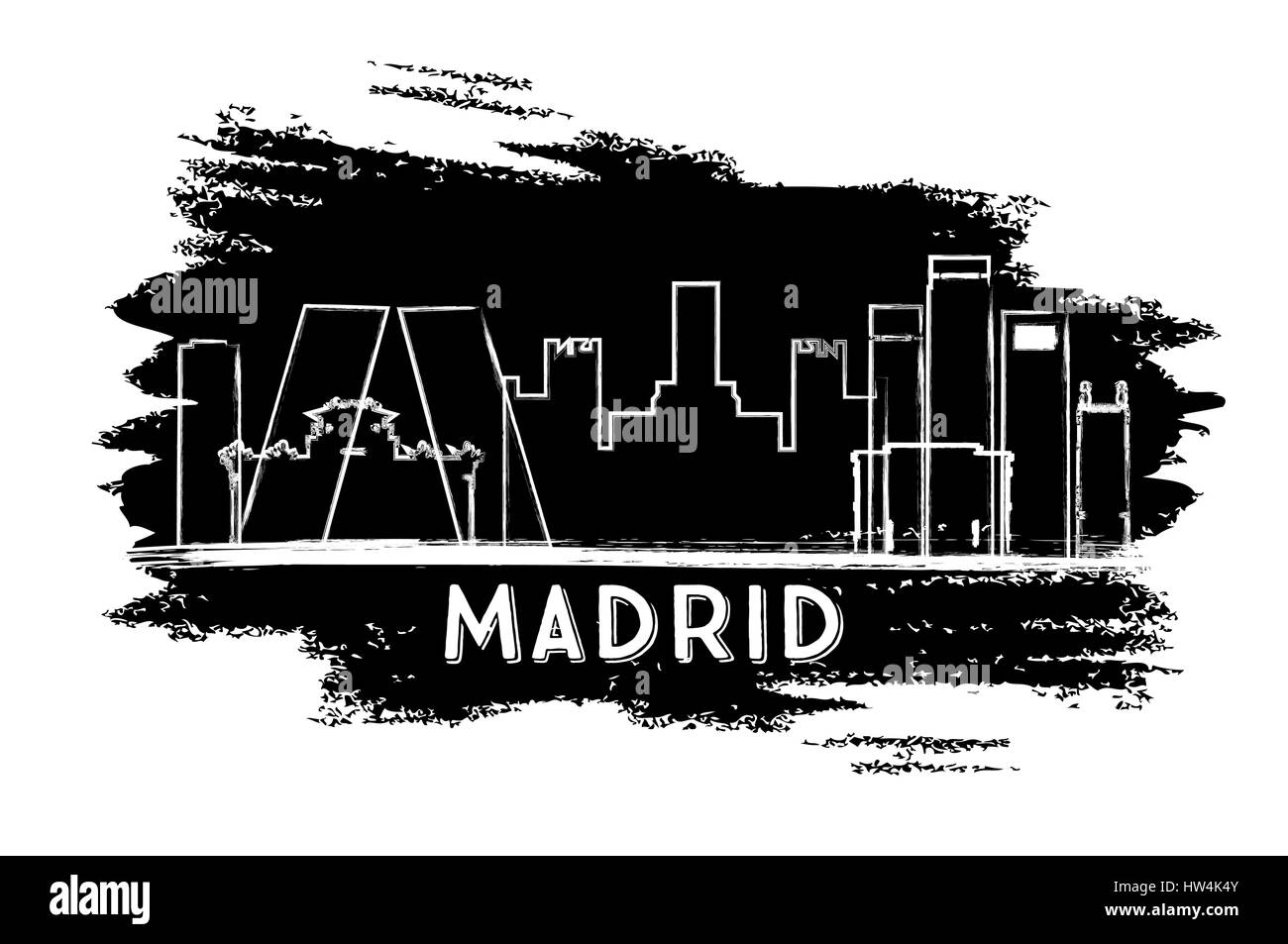 Madrid skyline silhouette. croquis à main. Les voyages d'affaires et tourisme concept avec l'architecture historique. Illustration de Vecteur