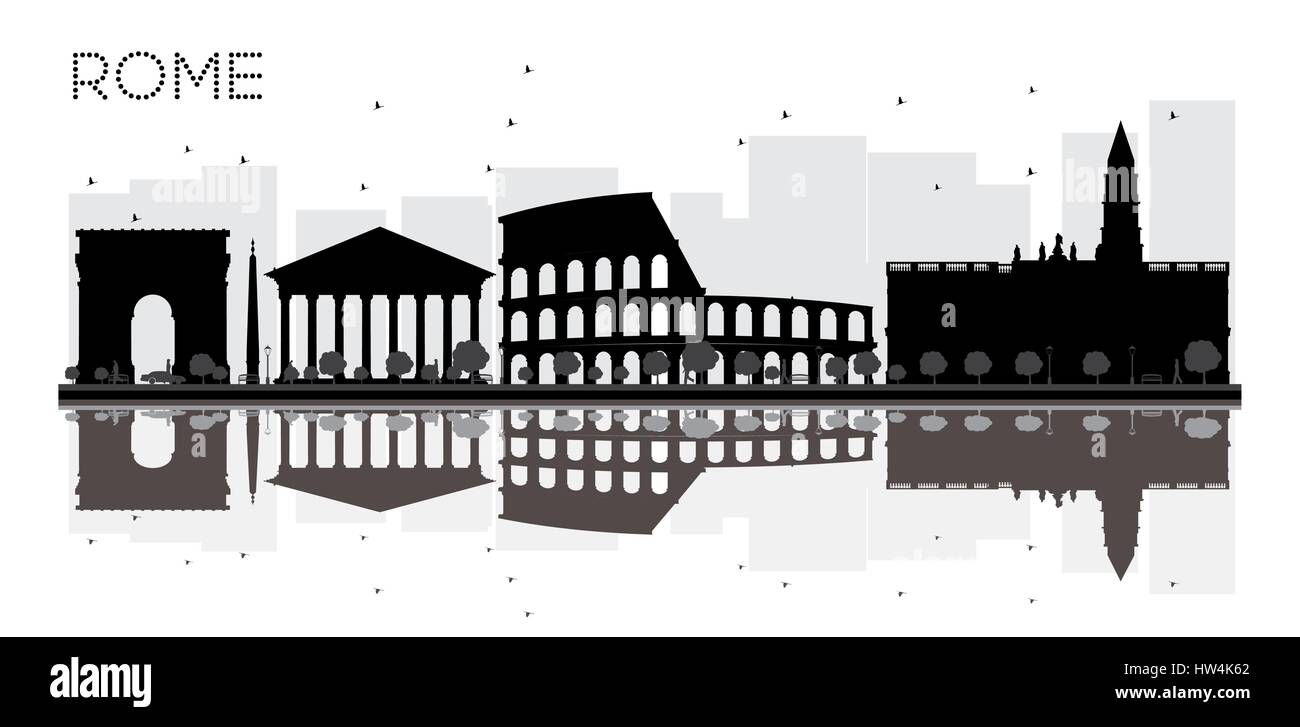 Rome City skyline silhouette noir et blanc avec des reflets. Vector illustration. Concept simple pour le tourisme, la bannière de présentation Illustration de Vecteur