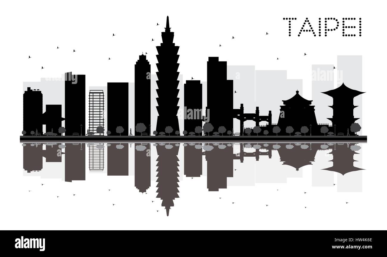 Taipei City skyline silhouette noir et blanc avec des reflets. Vector illustration. Concept simple pour le tourisme, la bannière de présentation Illustration de Vecteur