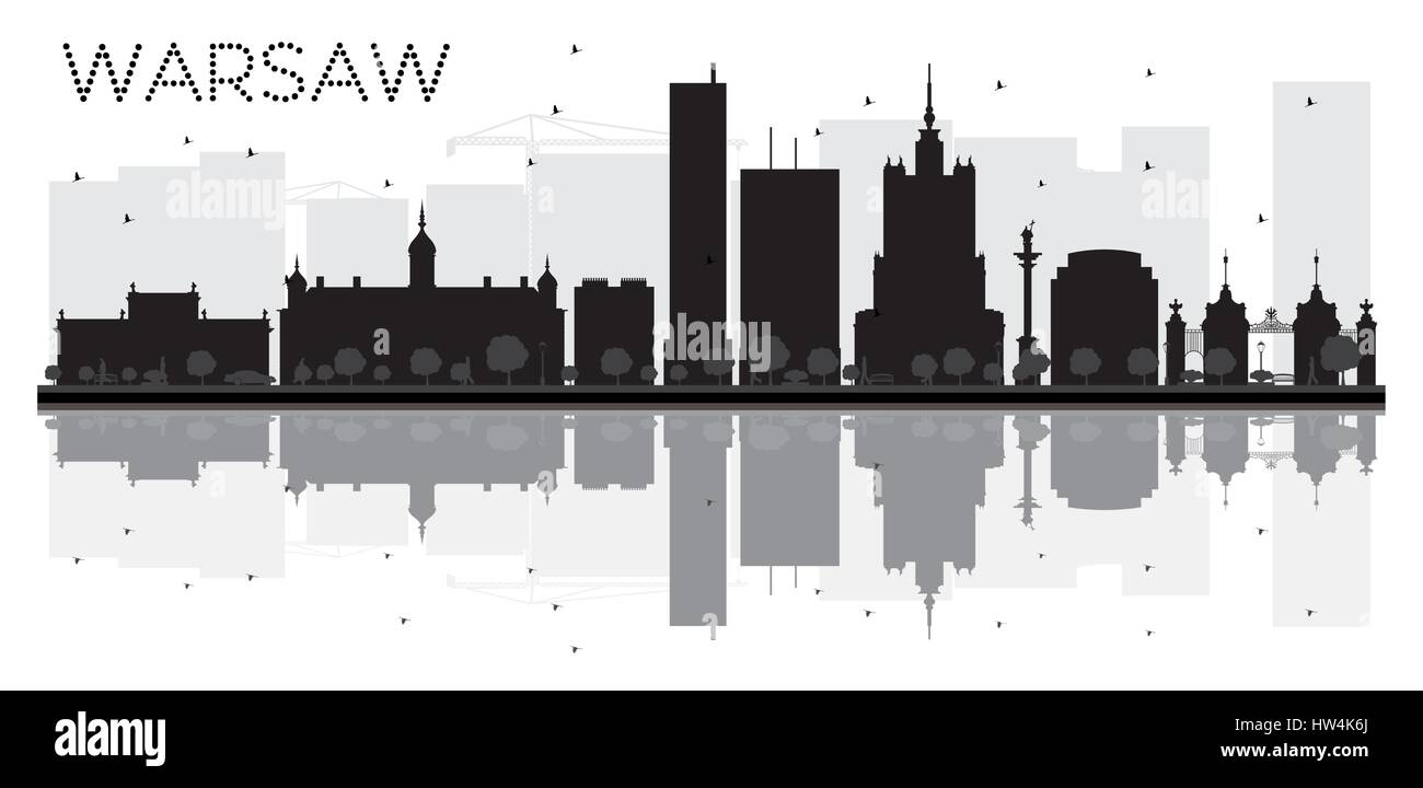 La ville de Varsovie silhouette noir et blanc avec des reflets. Vector illustration. Concept simple pour le tourisme, la bannière de présentation Illustration de Vecteur
