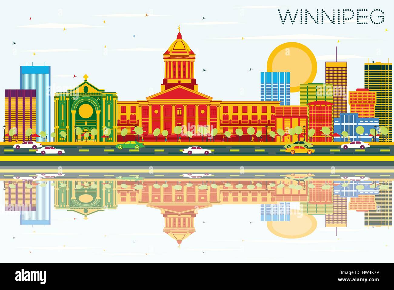 Toits de Winnipeg avec des bâtiments de couleur, ciel bleu et des réflexions. Vector Illustration. Les voyages d'affaires et tourisme Concept avec l'architecture moderne. Illustration de Vecteur