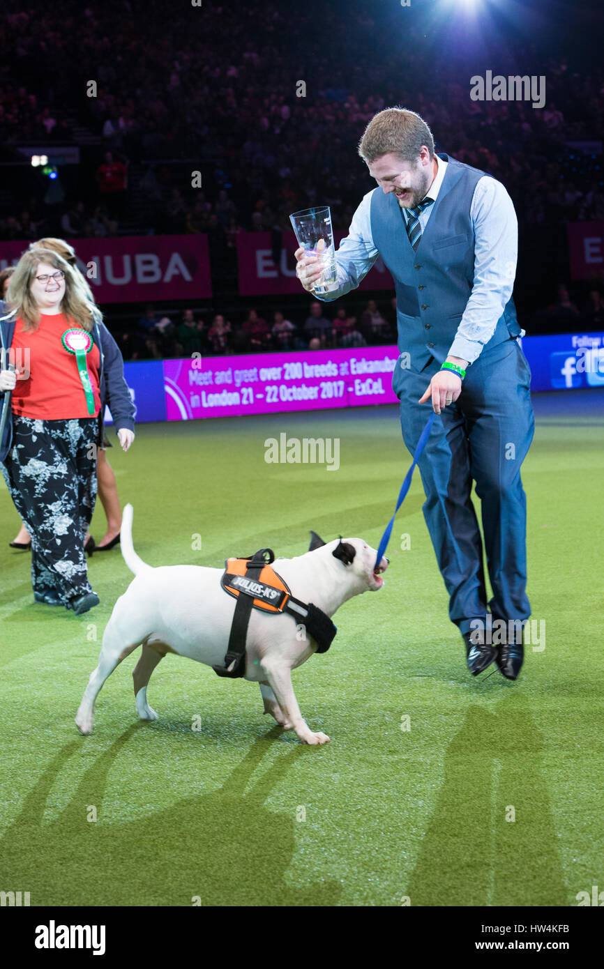 Pour la vie amis gagnants Sally Dereham & son chien Bowser avec Sally's mari sauter de joie Banque D'Images