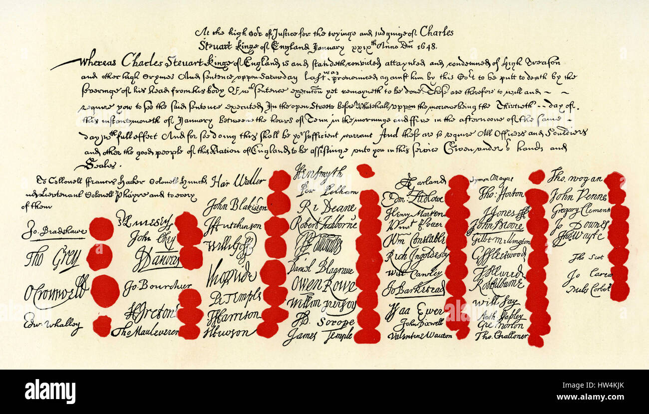 Télécopieur de l'arrêt de mort signé pour le execultion de Charles Ier, roi d'Angleterre en 1648. À partir d'une gravure originale à l'histoire de l'Historien Banque D'Images