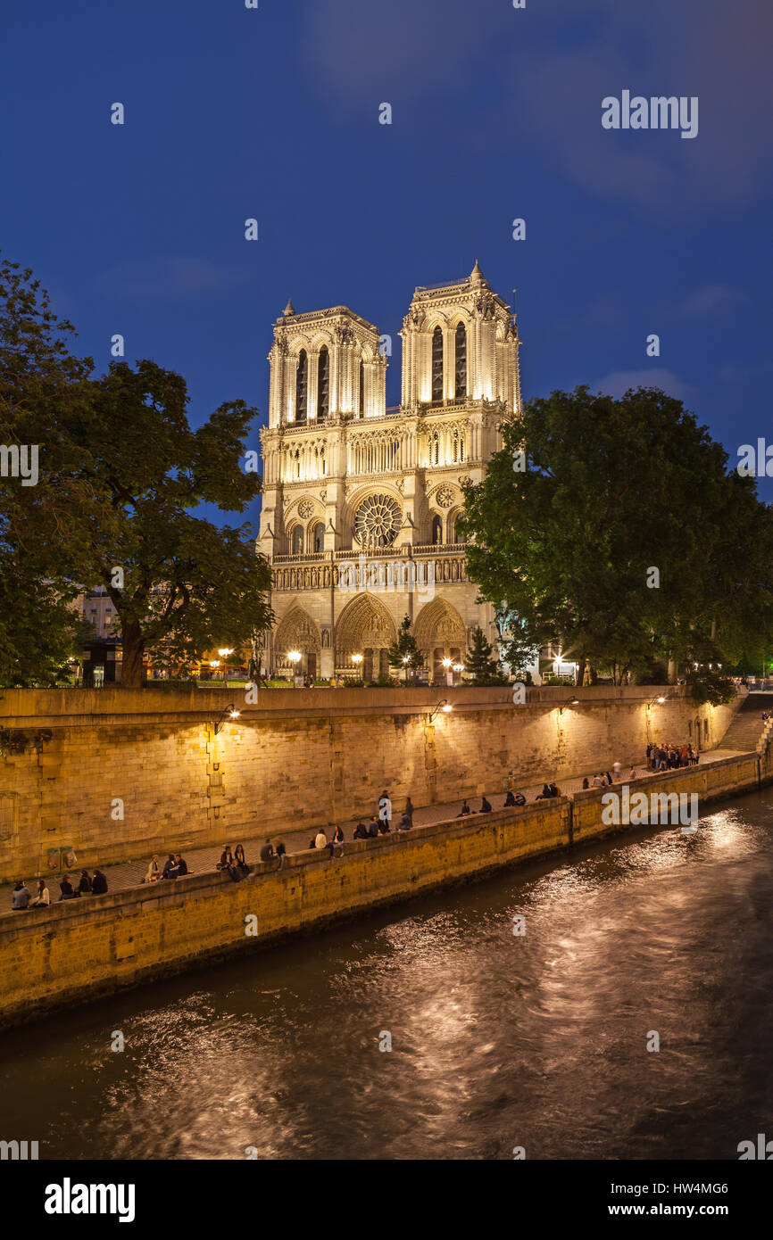 La Cathédrale Notre Dame de nuit. Paris, France. Banque D'Images