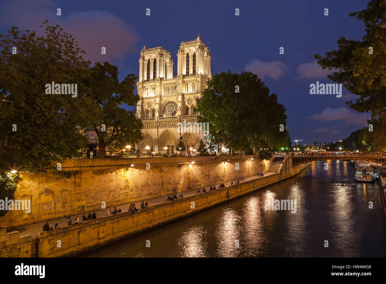 La Cathédrale Notre Dame de nuit. Paris, France. Banque D'Images