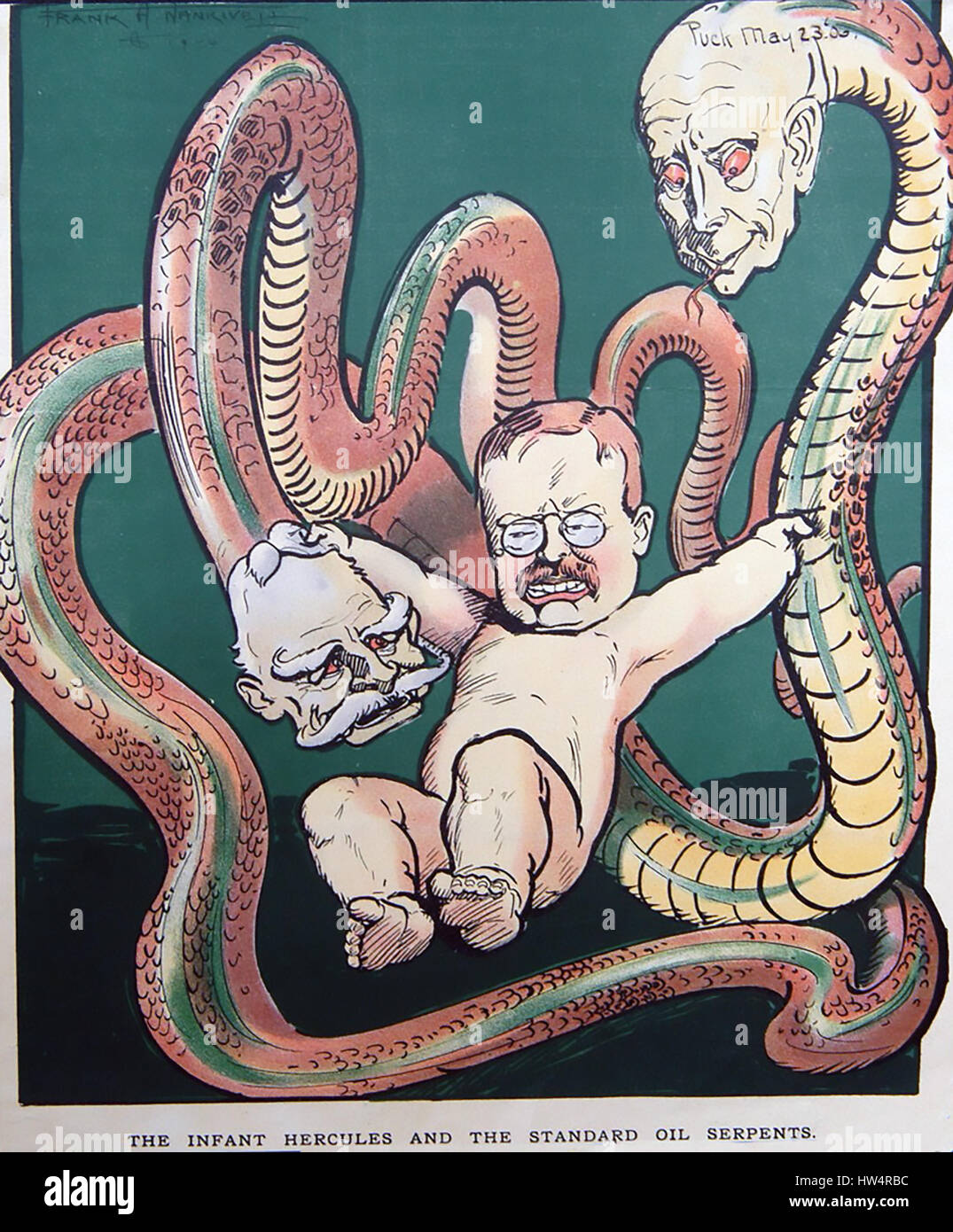 La Standard Oil Company. Une rondelle 1906 cartoon magazine montrant le président Theodore Roosevelt en tant que bébé Hercules se battant avec John D. Rockefeller à droite et Nelson Aldrich W. Banque D'Images