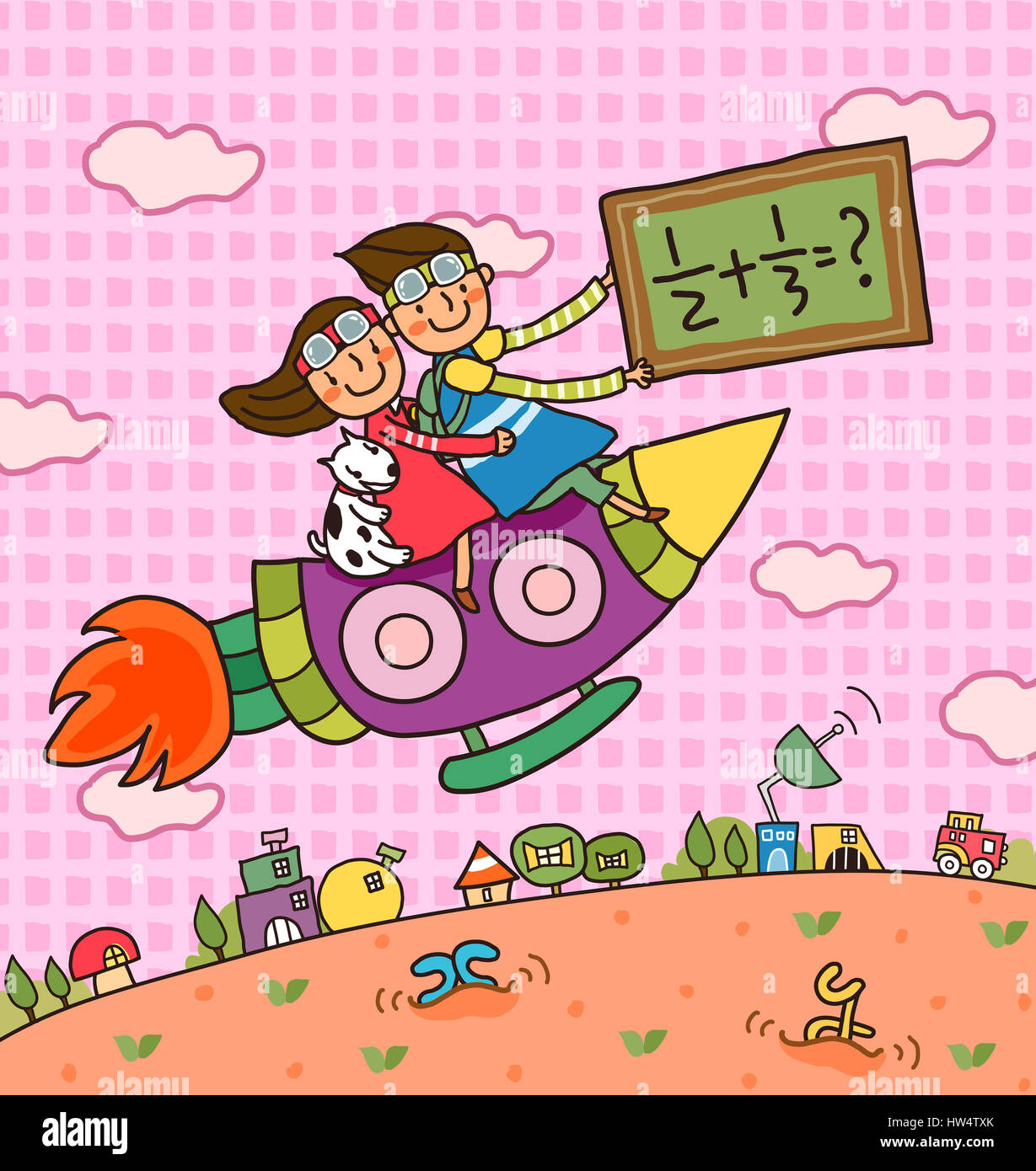 Véhicule d'air,animal,tableau,les garçons,BOY,homme,caricature,vêtements,enfants,seulement,clipart,nuage,couleur,couleur couleur image,matériel informatique,infographie,jour,image,création numérique,chien thèmes animaux domestiques, Banque D'Images