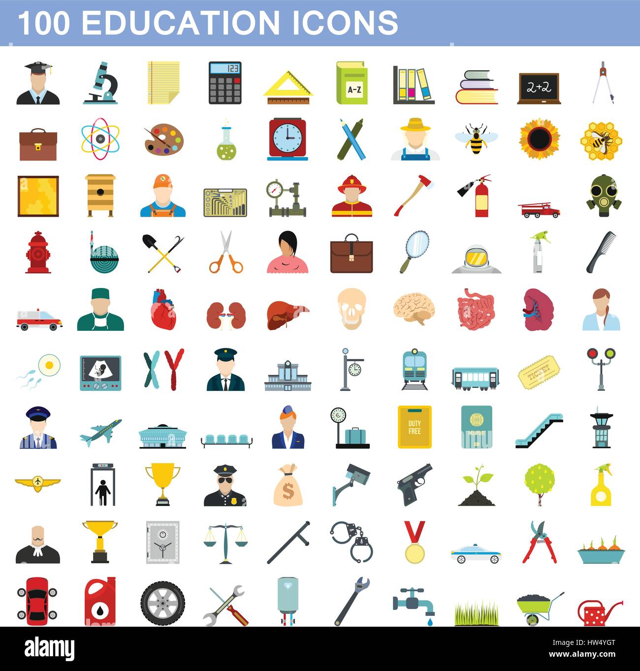 L'éducation 100 icons set, style plat Illustration de Vecteur