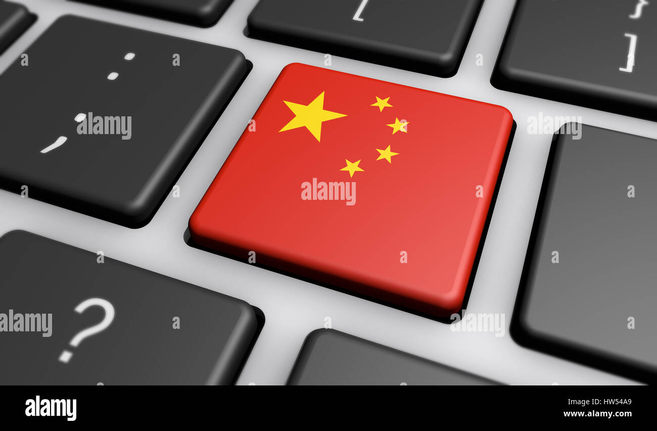Numérisation de la Chine et de l'industrie de l'équipement technologie numérique concept avec le drapeau chinois sur le clavier d'un ordinateur 3D illustration. Banque D'Images