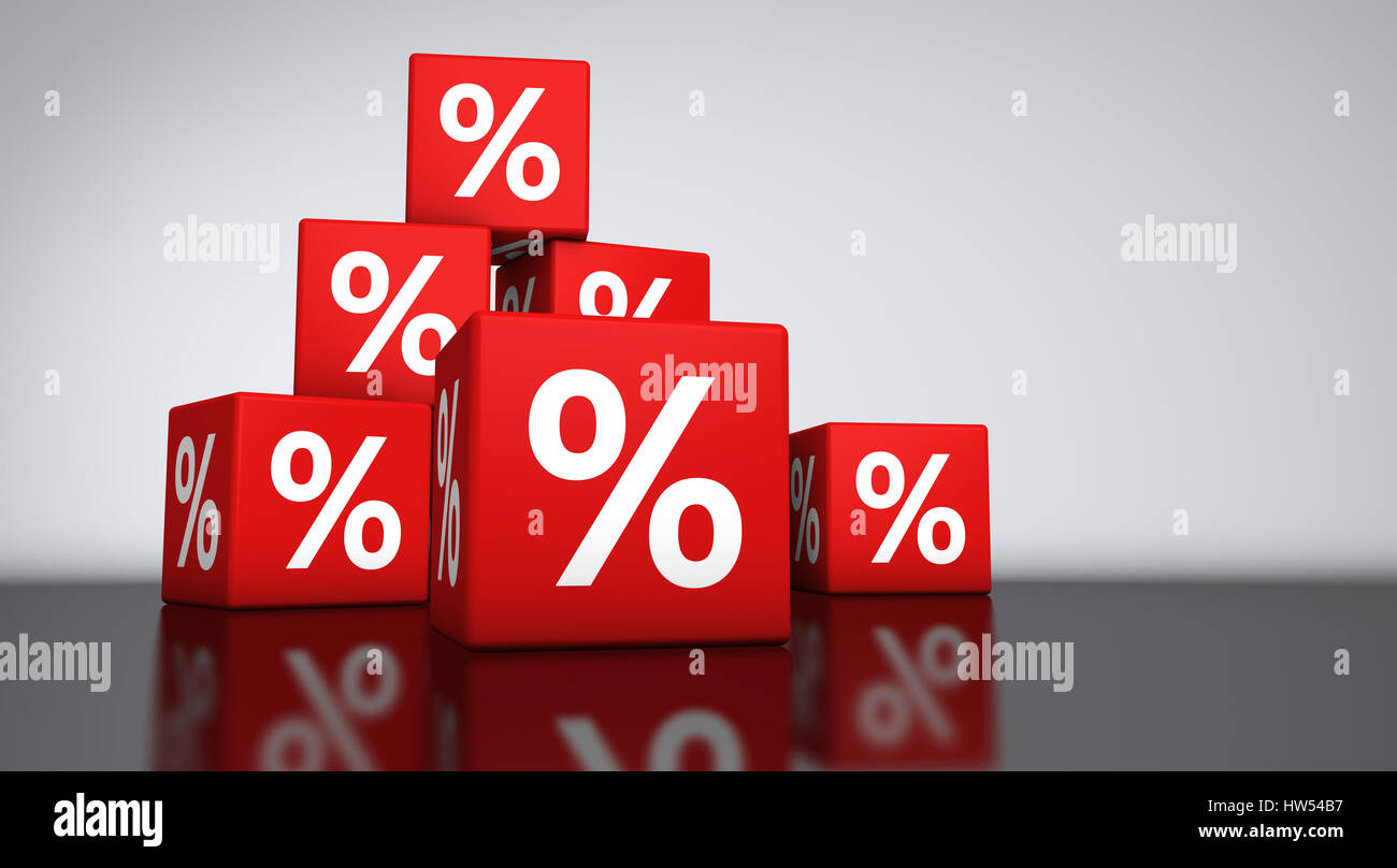 Vente et promotion shopping concept contexte avec symbole de pourcentage sur les cubes rouges 3D illustration. Banque D'Images