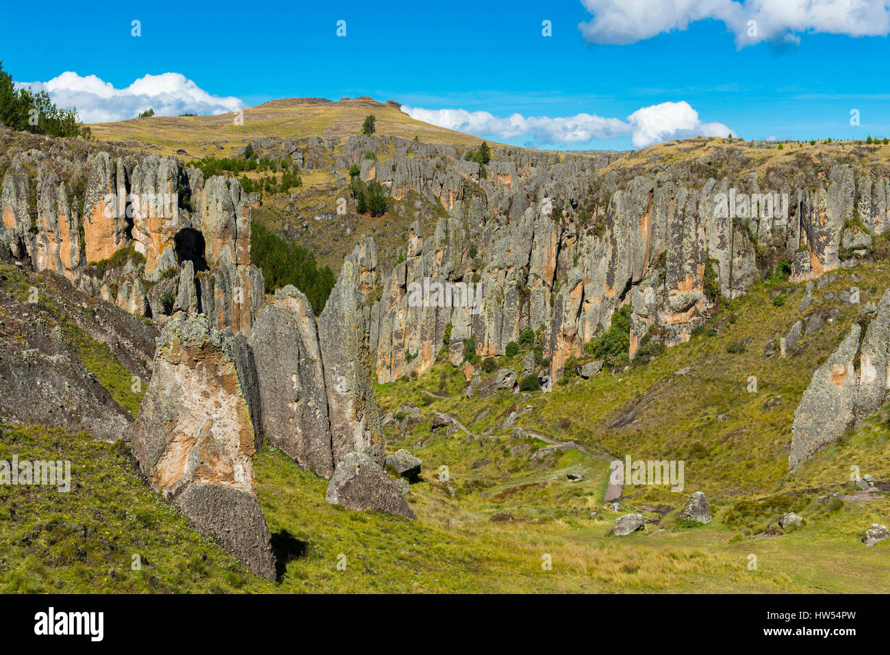 Rock formations à Cumbemayo composé des colonnes Frailones, site archéologique de la culture inca, Pérou, Amérique du Sud Banque D'Images