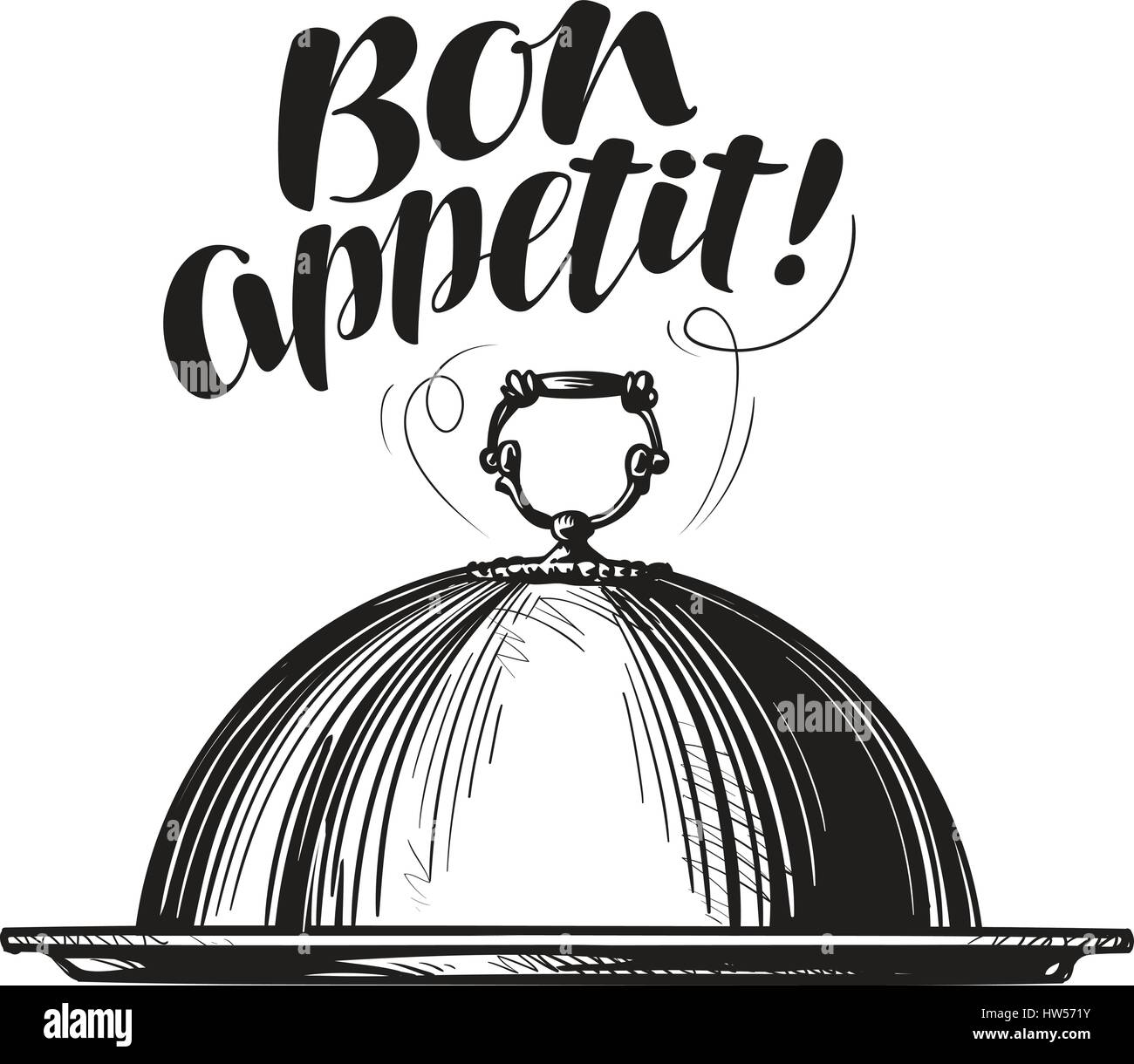Restaurant cloche pour plats chauds. Croquis du bac. Menu design lettrage pour diner, café ou restaurant. Vector illustration Illustration de Vecteur