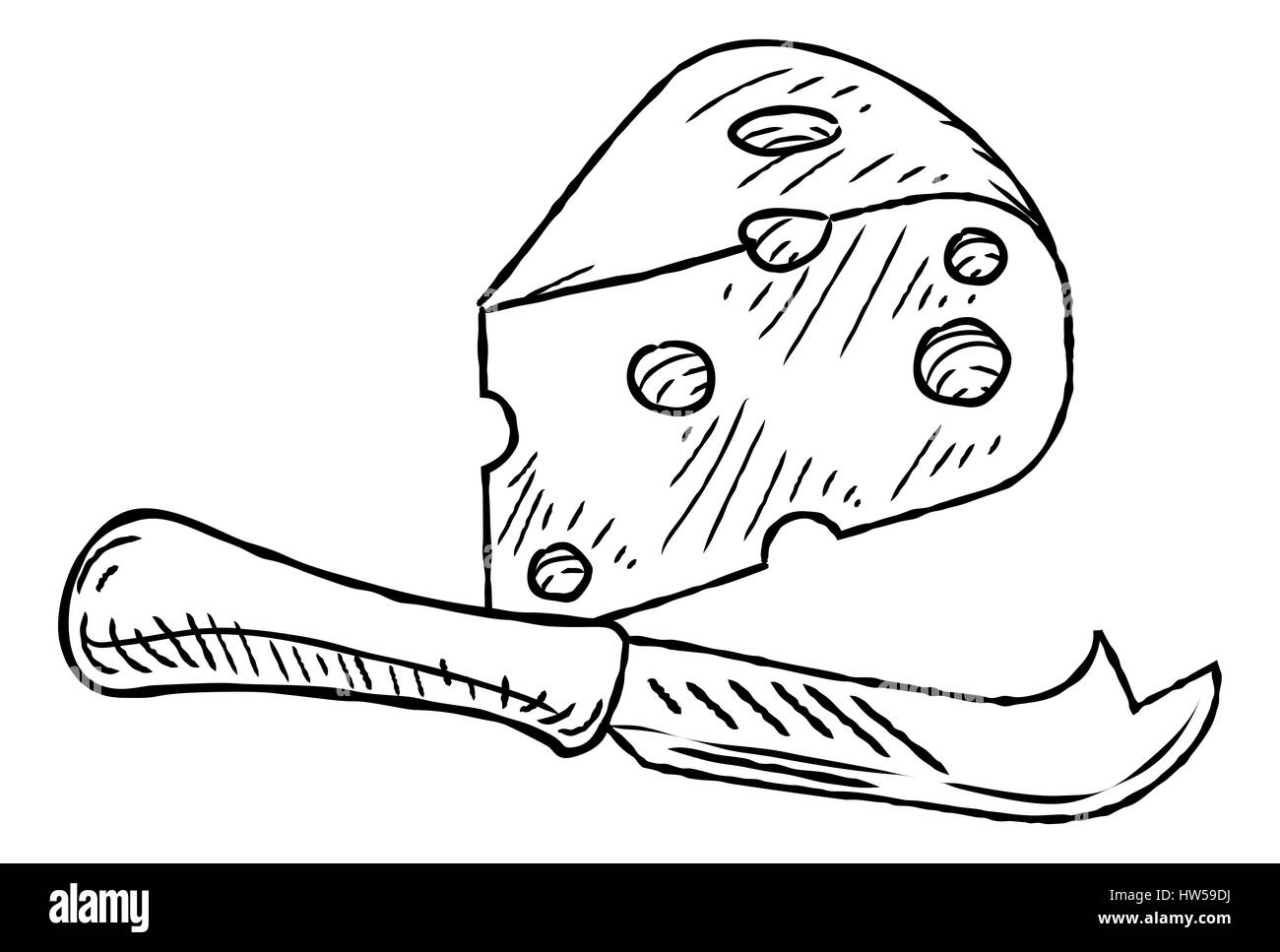 Tranche de fromage et couteau part attirer dans un style rétro vintage style gravé ou gravé sur bois. Banque D'Images